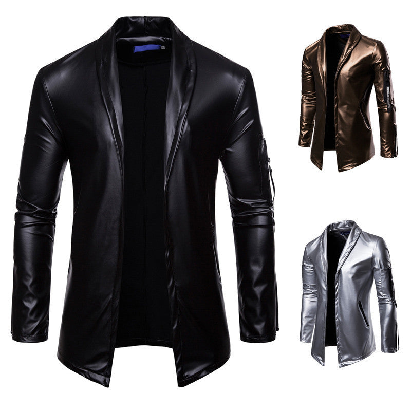 Men's elastic PU leather zipper motorcycle leather jacket Pi-Mart