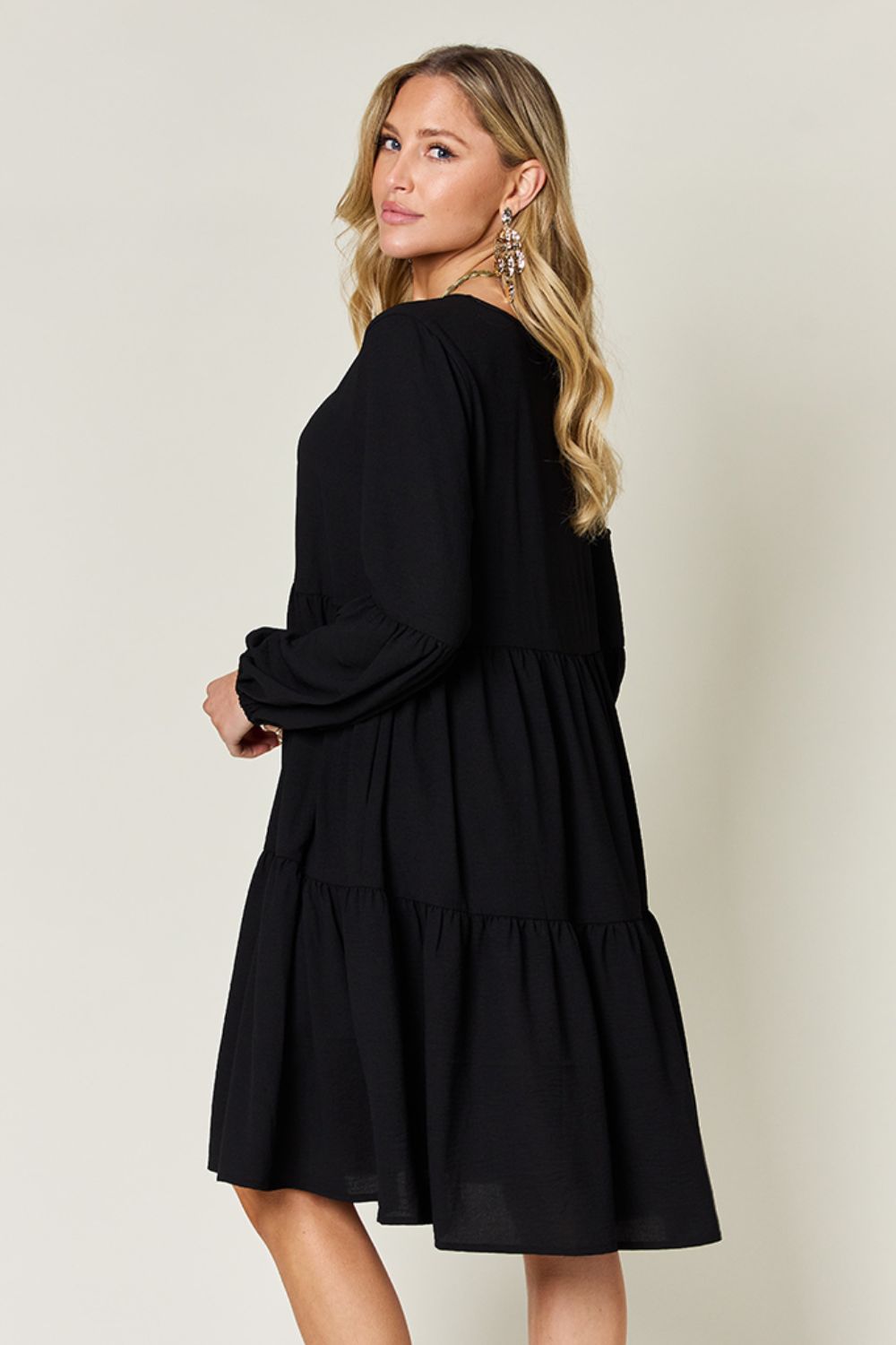 Light Green Double Take Full Size V-Neck Sleeve Tiered Dress with Pockets Elegant & Comfortable Casual Dress Stevvex