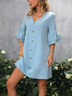 V-Neck Mini Dress – Ruffled Detail & Decorative Buttons