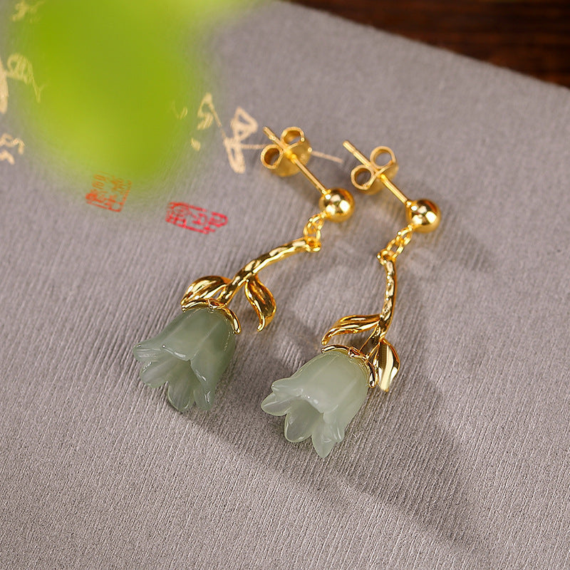 S925 Sterling Silver Gold-plated Jade Blue Bell Flower Stud Earrings