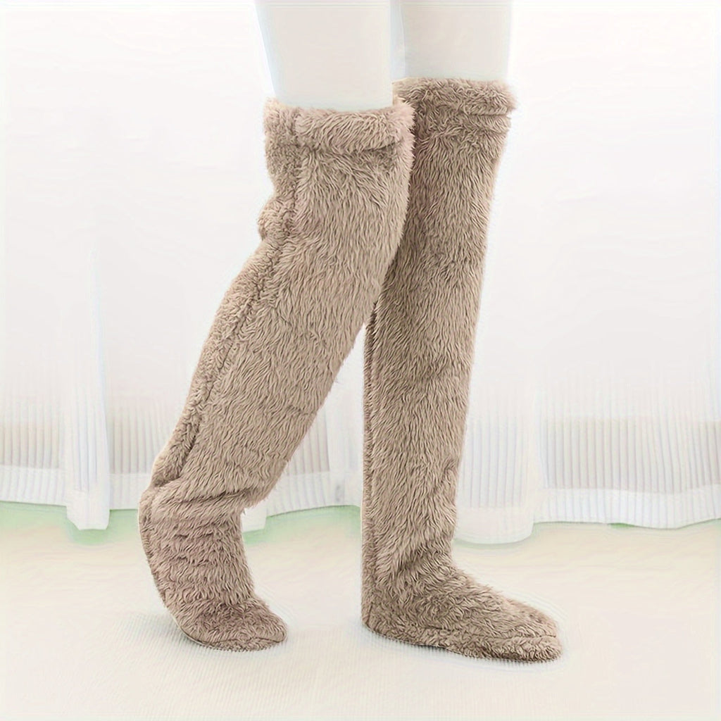Fuzzy Thigh High Stockings, Warm Over-the-Knee Socks for Women, Solid Color Lootquake LLC