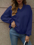 V-Neck Solid Color Casual Sweatshirt THRIXINE
