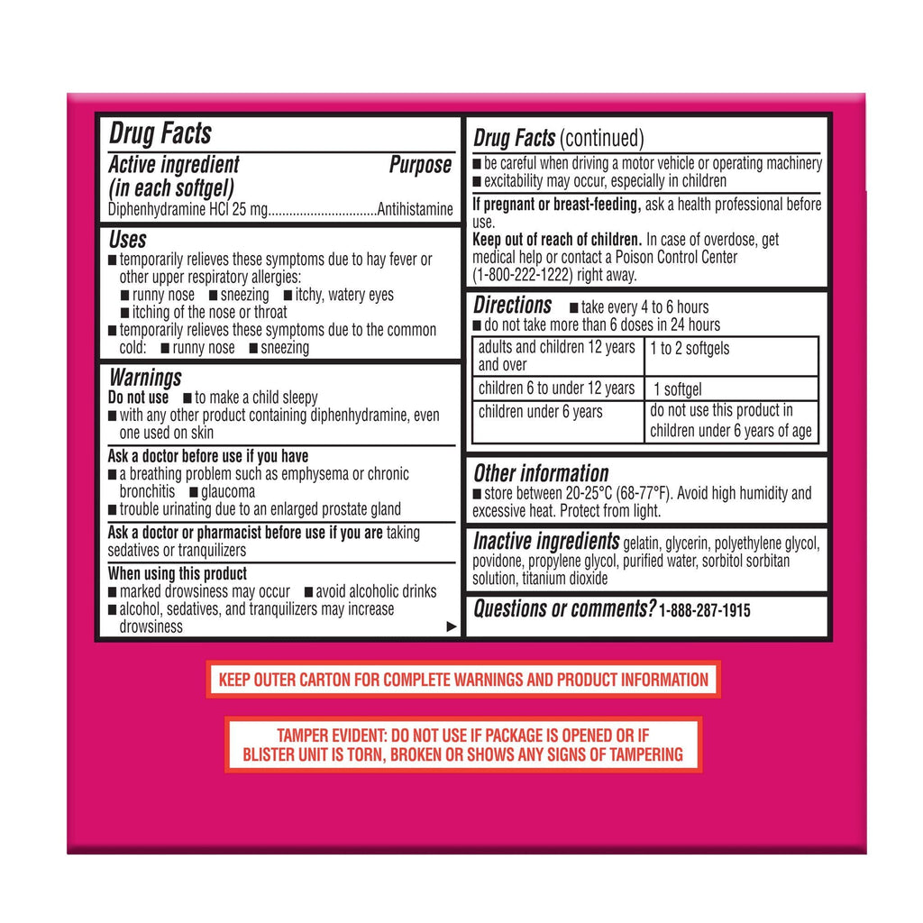 Equate Allergy Relief Softgels with Diphenhydramine Hcl; 25mg Antihistamine; 24 Count