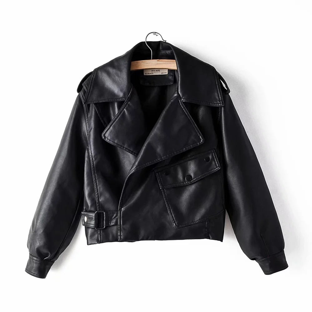 Lapel Short Motorcycle Leather Ladies Jacket Pi-Mart
