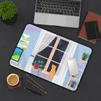 Calming Rain Desk Mat — Cozy Pixel Art Window Scene with Cat (“Take a breath”) Lootquake LLC