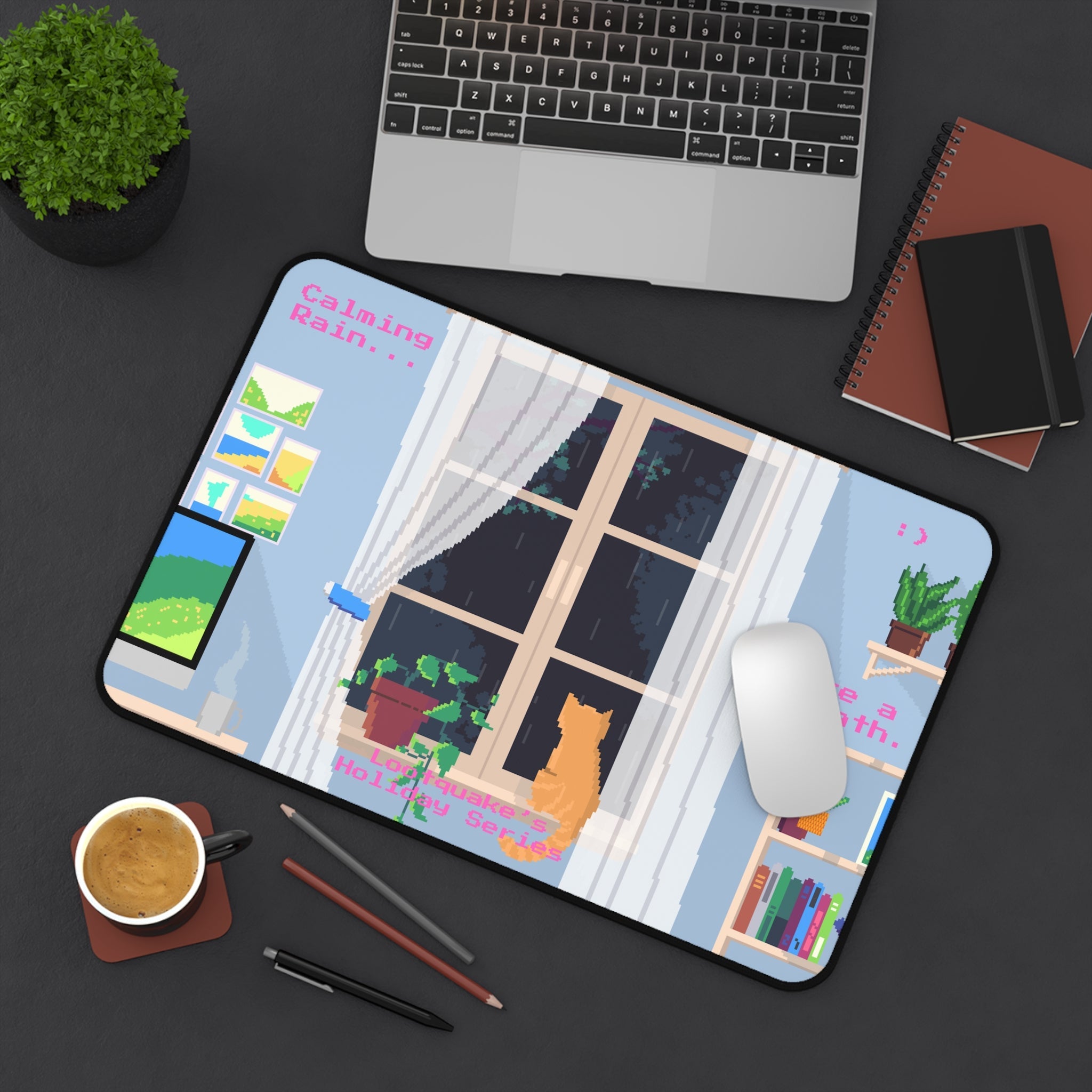 Calming Rain Desk Mat — Cozy Pixel Art Window Scene with Cat (“Take a breath”) Lootquake LLC