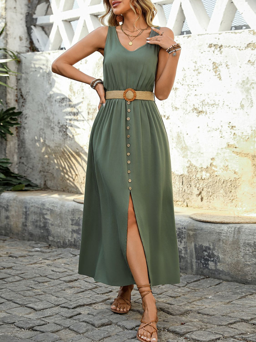 Decorative Button Sleeveless Midi Dress Elegant & Timeless Long Comfortable Dress Stevvex