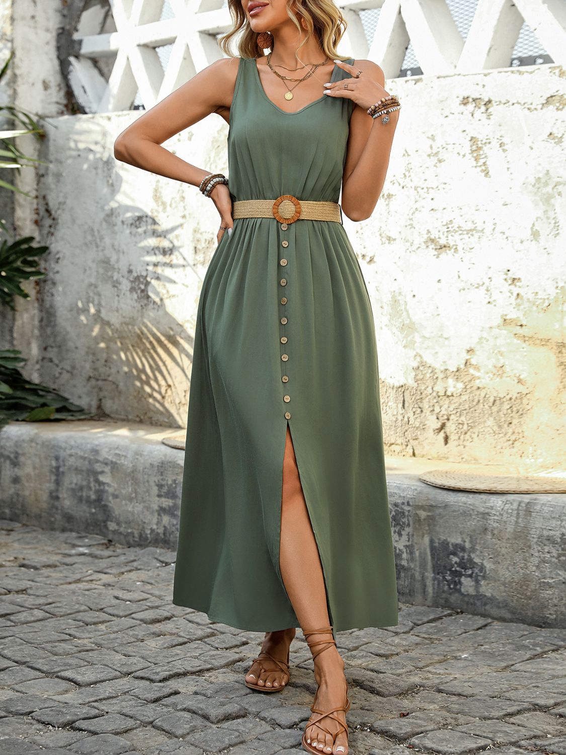 Decorative Button Sleeveless Midi Dress Elegant & Timeless Long Comfortable Dress Stevvex