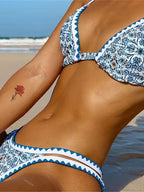 New Blossom Charm High-Cut Bikini Set For Summer – Strapless Floral Print Swimsuit with Elegant Embroidered Cut-Out Triangular Top Contrast Trim and Back Buckle – Women’s 2-Piece Summer Beachwear Stevvex