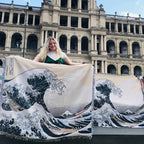 1pc Japanese Sea Wave Woven Double-sided Multi-functional Blanket, Bohemian Tapestry Hippie Room Decoration Geometric Blanket, Tassel Woven Blanket, Sofa Blanket Outdoor Hiking Backpacking Beach Travel Decoration Blanket, Wov