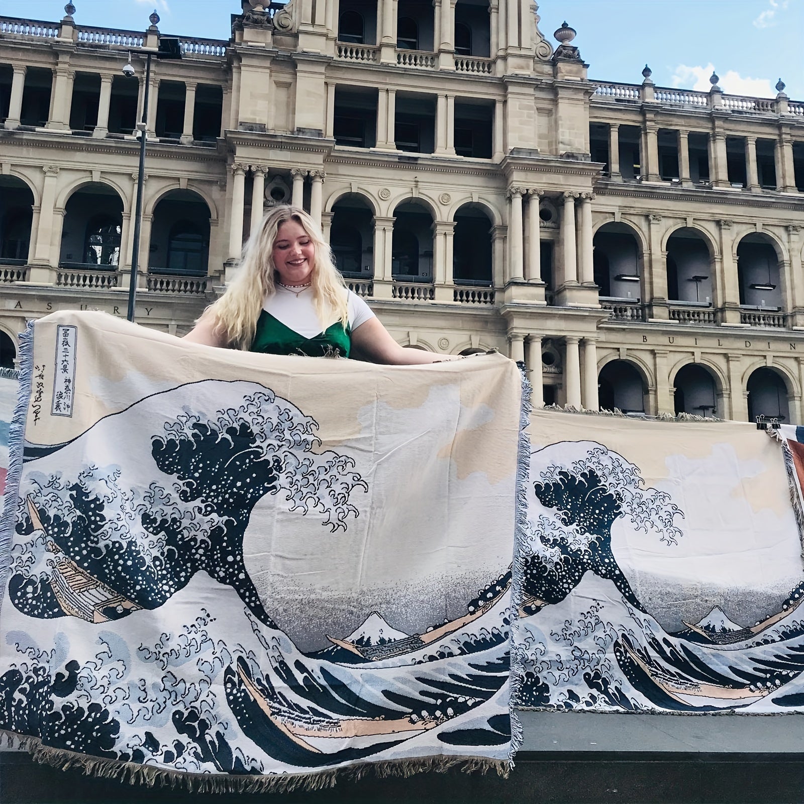 1pc Japanese Sea Wave Woven Double-sided Multi-functional Blanket, Bohemian Tapestry Hippie Room Decoration Geometric Blanket, Tassel Woven Blanket, Sofa Blanket Outdoor Hiking Backpacking Beach Travel Decoration Blanket, Wov