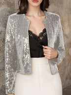 Elegant Women Full-Size Sequin Open Front Cropped Jacket With Glamorous Sparkle Luxury Women Party Jacket Stevvex