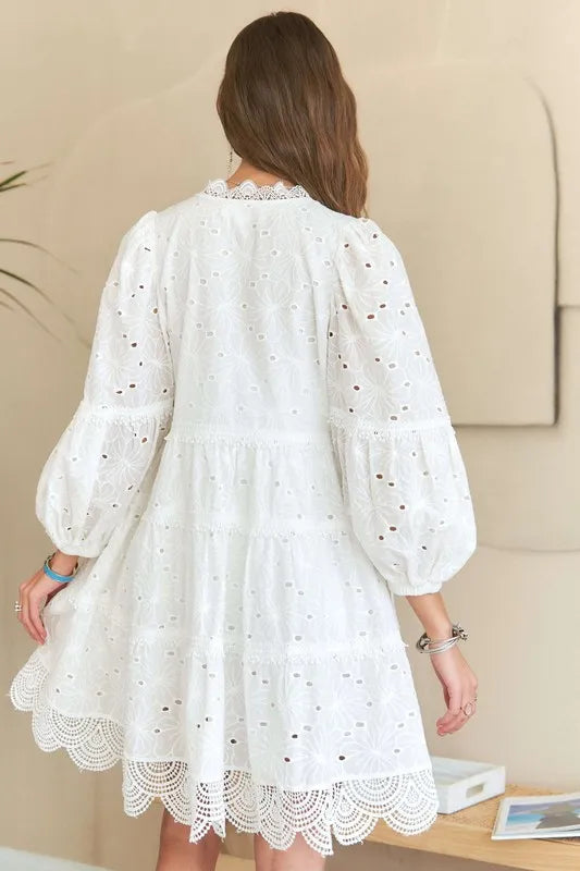 Lace Detail Tiered Eyelet V-Neck Babydoll Dress For Women – Feminine Boho Chic Dress, Fluttering, Elegant Lace & Eyelet Stevvex