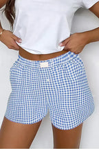 Blue Vintage Gingham Print High Waisted Loose Shorts