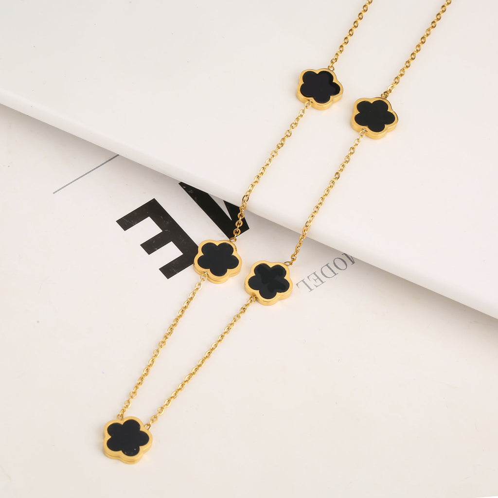 New Stainless Steel Plant Fritillary Five Leaf Petals Earring Bracelet Necklace Jewelry Set Women Cross-border Hot Selling Lot Pi-Mart