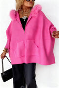 Women's Plush Hooded Cardigan - Batwing Sleeve Zip Up Knitted Jacket with Pockets