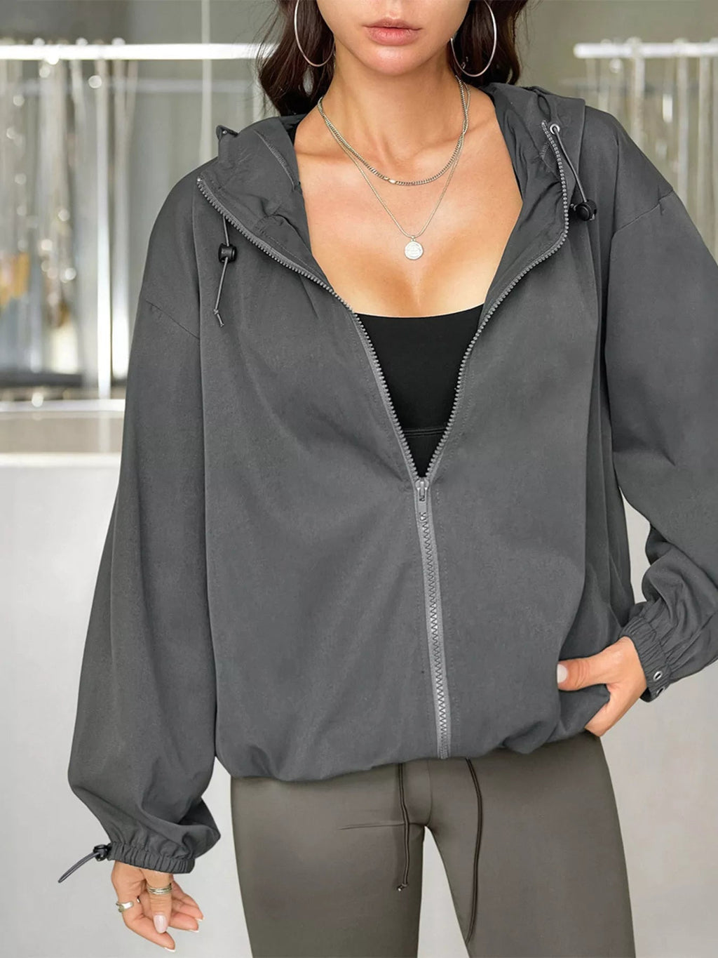 Drawstring Zip Up Hooded Jacket THRIXINE