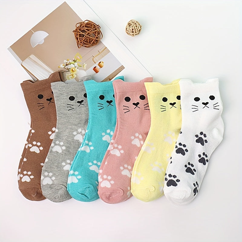 6pcs Cute Cartoon Cat & Paw Print Mid-Calf Socks for Women - Soft Polyester Blend, Machine Washable, Short Socks Lootquake LLC