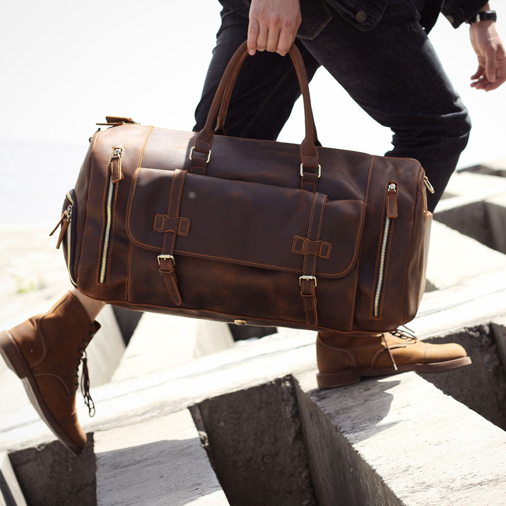 Men's Retro Genuine Leather Super Large Capacity First Layer Cowhide Leather Hand Luggage Bag Pi-Mart