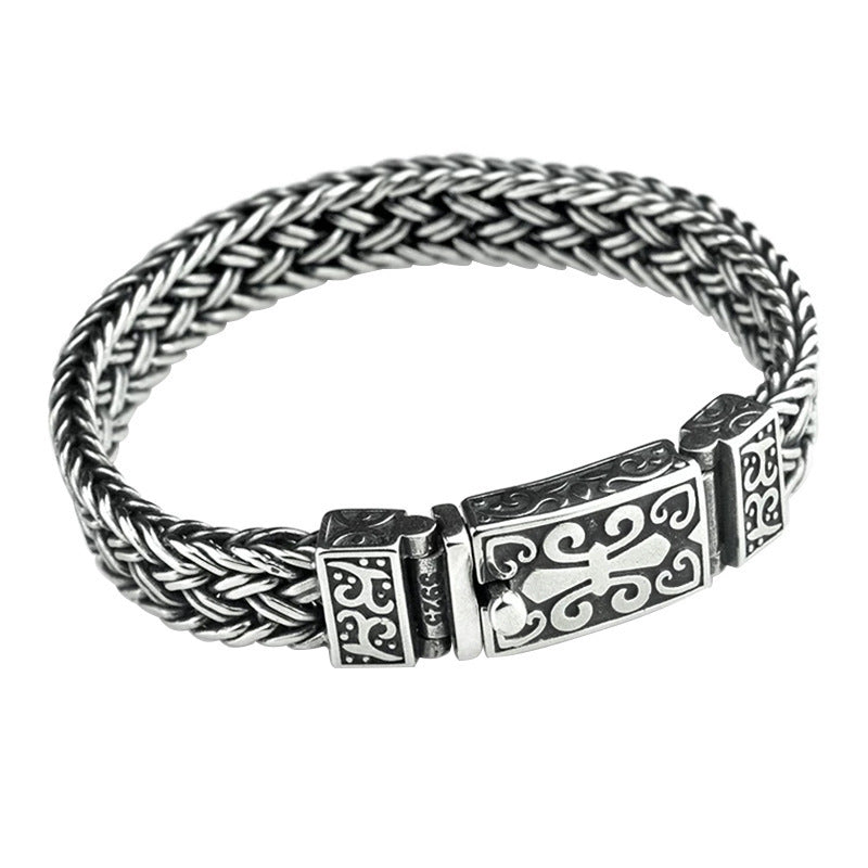S925 Silver Wide Version Braided Bracelet Men's Thick Generous Ring Buckle Interlock Bracelet Pi-Mart