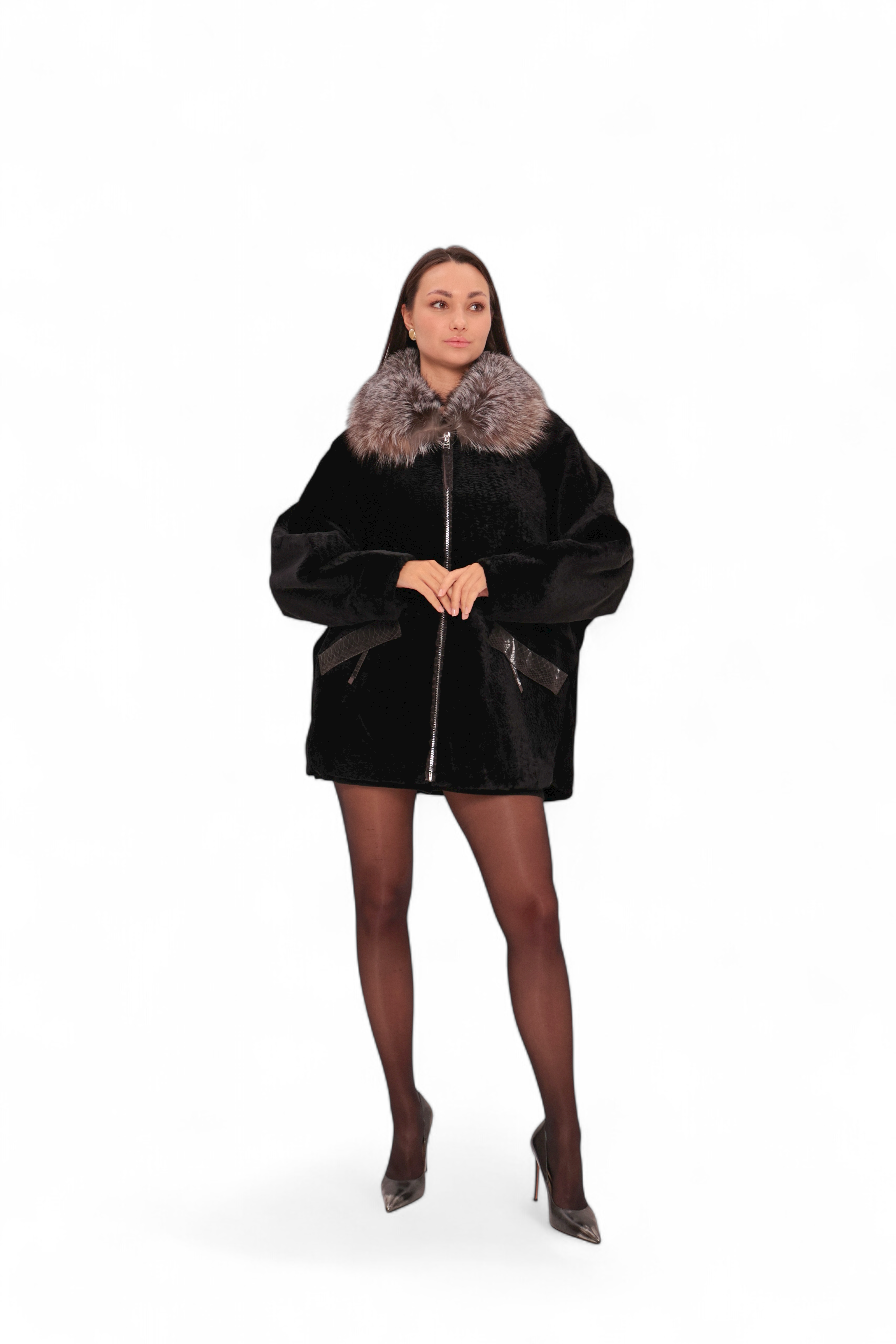 Palermo Genuine Astrakhan Silver Fox Trim Coat - SJB-DIAMOND ELITES