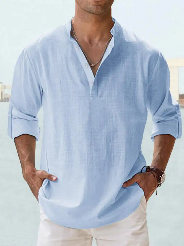 Men's Linen Stand-up Collar Long Sleeve T-shirt Loose Undershirt