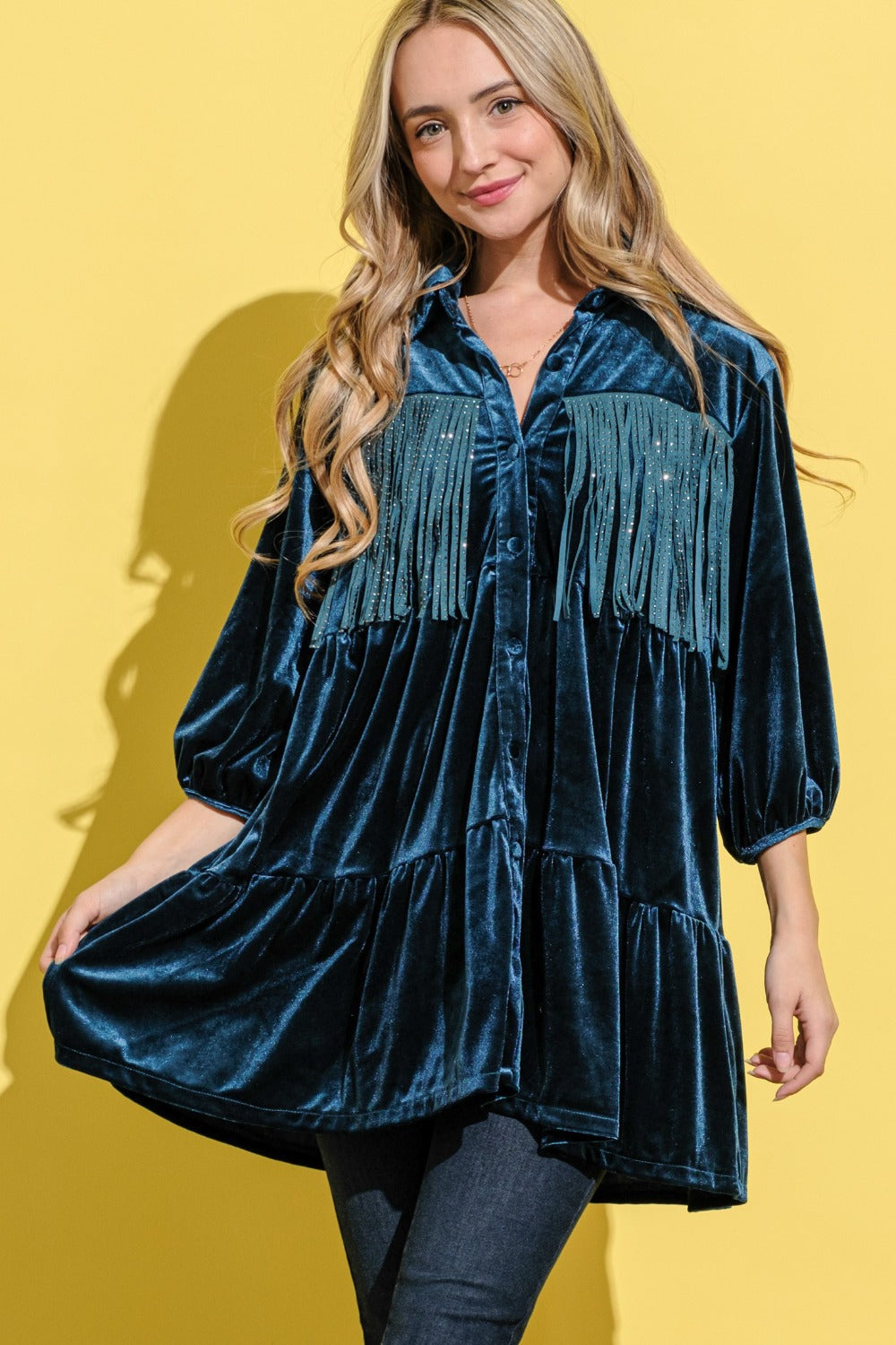 Fringe Detailed Velvet Shirt Dress – Velvet Shirt Dress, Fringe Detail Dress, Luxurious Shirt Dress, Elegant Velvet Dress, Playful Fringe Dress Stevvex
