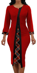 Womens African Print Dress Church Dresses Work Business Bodycon Sleeve Round Neck Red Pencil Dresses