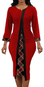 Womens African Print Dress Church Dresses Work Business Bodycon Sleeve Round Neck Red Pencil Dresses
