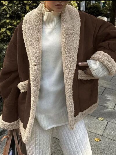 Fuzzy Collared Neck Long Sleeve Jacket with Buttoned Closure and Cozy Pockets Stevvex