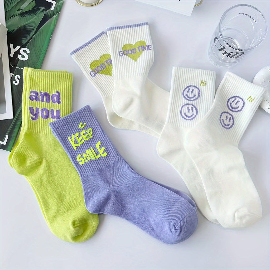 4 Pairs Fashionable Letter Graphic Socks - Womens Athletic Mid-Calf Stockings - Soft, Breathable & Trendy Designs for Everyday Wear Lootquake LLC