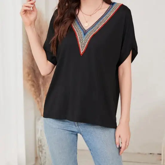 Women's Loose Fit Short Sleeved Breathable Casual Lace V-neck Shirt Top - SJB-DIAMOND ELITES