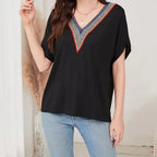 Women's Loose Fit Short Sleeved Breathable Casual Lace V-neck Shirt Top - SJB-DIAMOND ELITES