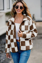 Elegant Checkered Snap Down Long Sleeve Teddy Jacket Soft & Warm Colorful Jacket Stevvex
