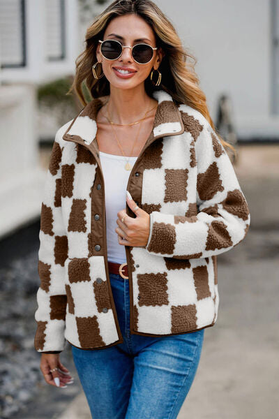 Elegant Checkered Snap Down Long Sleeve Teddy Jacket Soft & Warm Colorful Jacket Stevvex