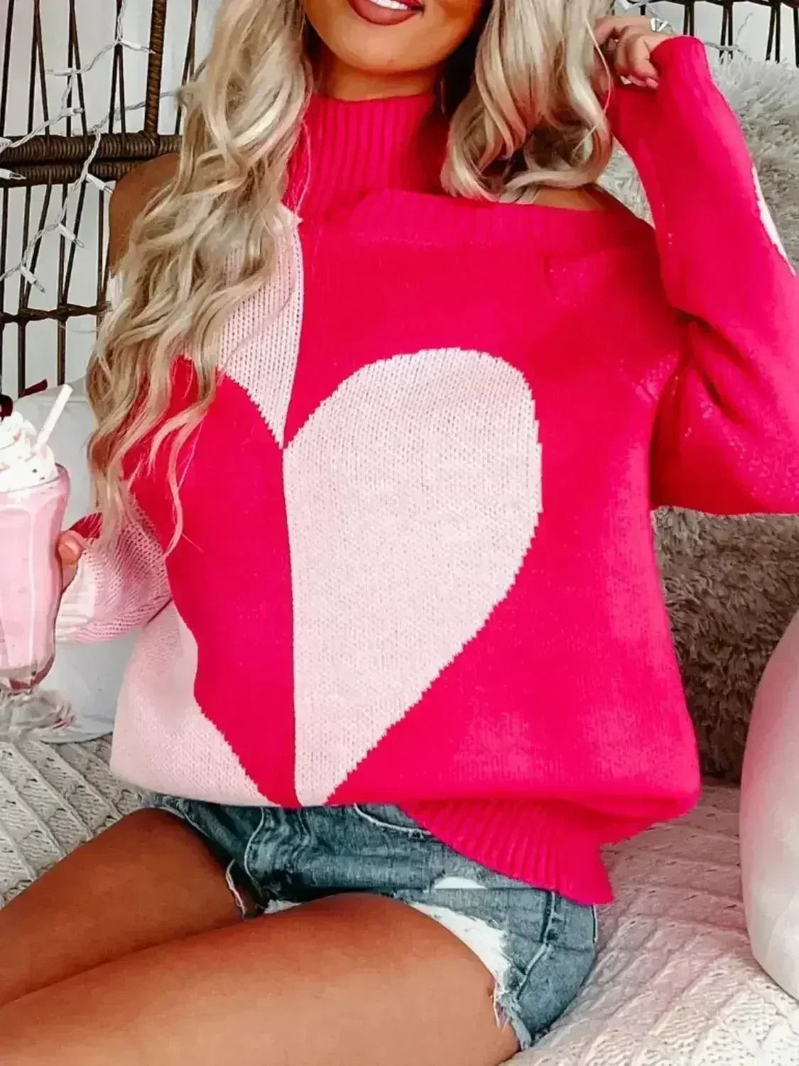 Valentine's Day Heart Turtleneck Cold Shoulder Sweater - SJB-DIAMOND ELITES