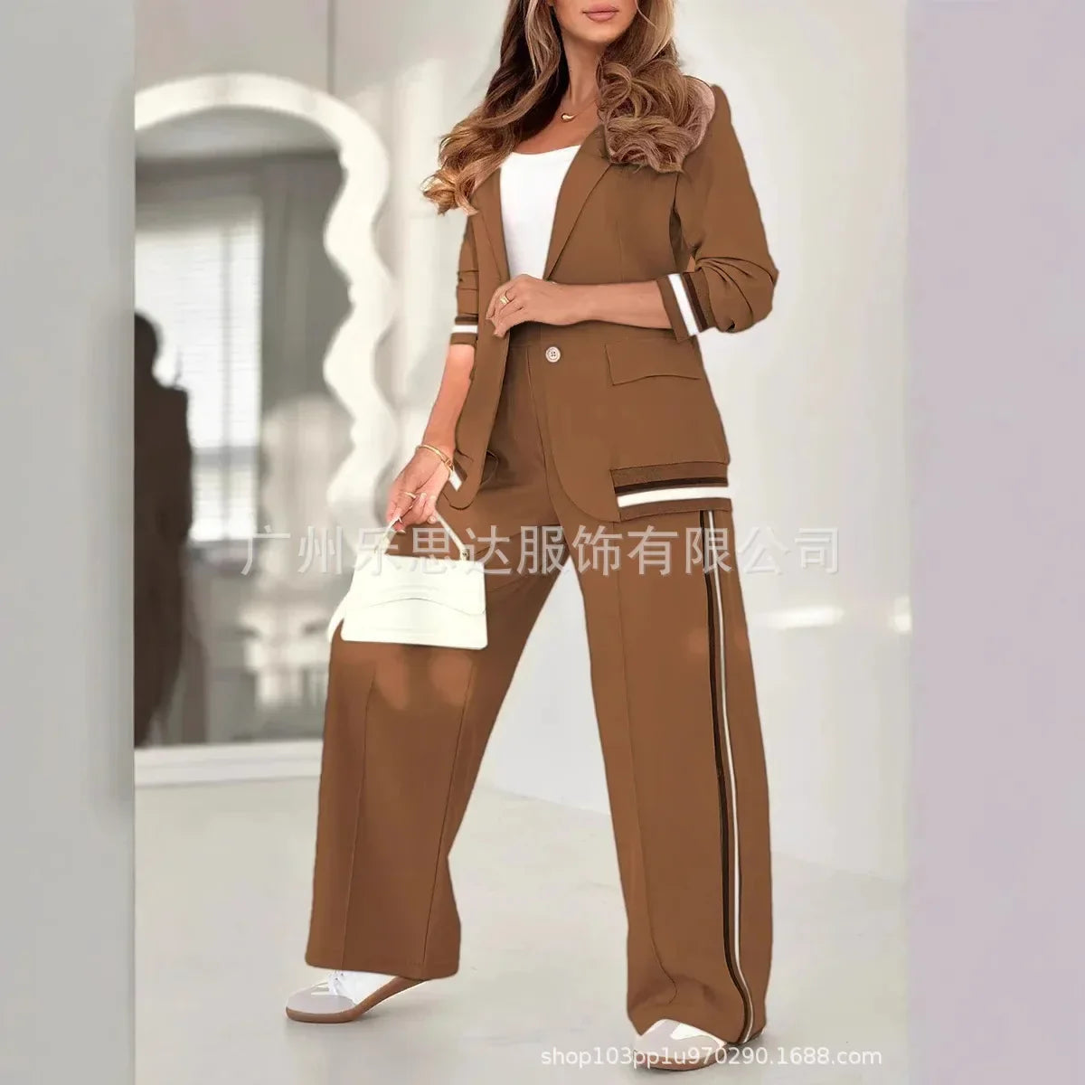 Women Suit Jacket 2 Piece Sets Striped Blazer Coat Turn Down Collar Single Breasted Wide Leg Pants Ensemble Office Lady Outfits Purplish Diva