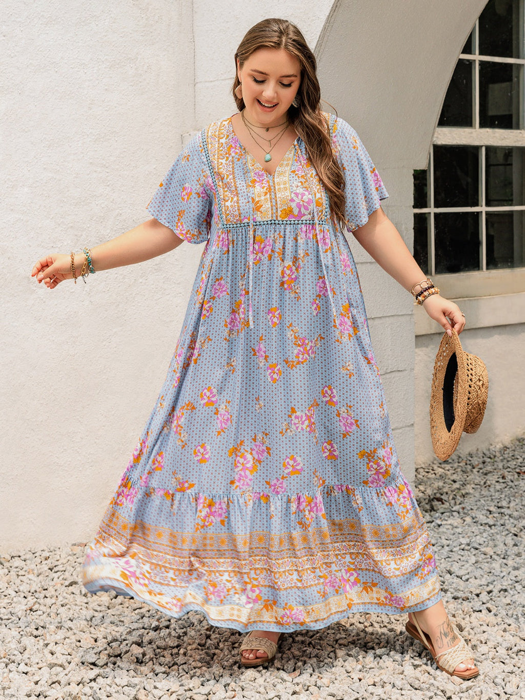 Pink Purple Plus Size Printed Flutter Sleeve Maxi Dress Elegant & Flowy Dress Unique Design Stevvex