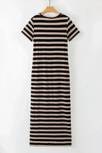 Black Striped Side Pockets T-shirt Maxi Dress