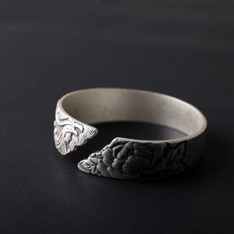 S999 Pure Silver Phoenix Peony Wide Side Thai Silver Matte Retro Ethnic Style  Bracelet Women Pi-Mart