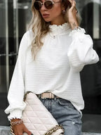 Smocked Frill Mock Neck Long Sleeve Blouse - SJB-DIAMOND ELITES