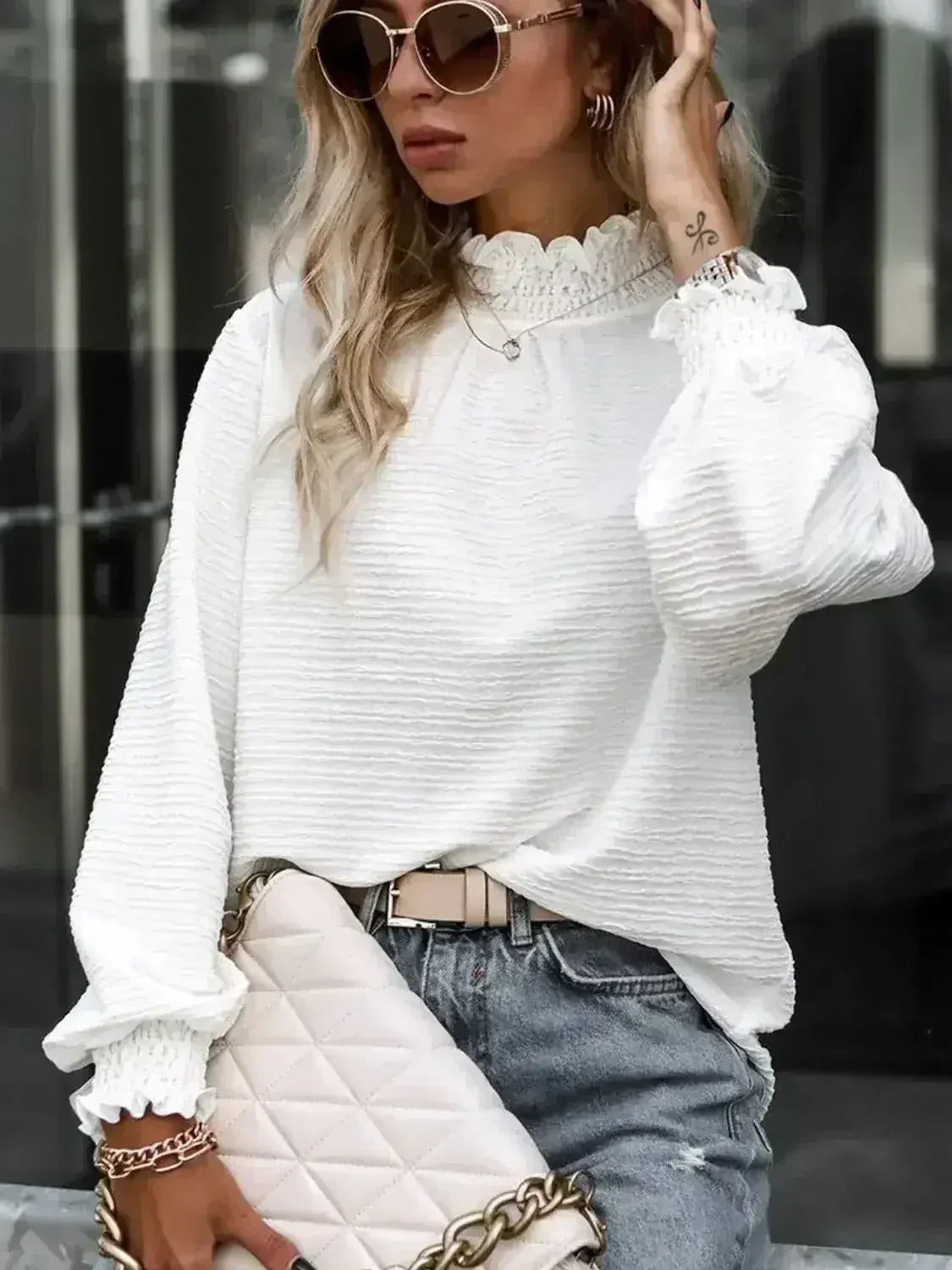 Smocked Frill Mock Neck Long Sleeve Blouse - SJB-DIAMOND ELITES