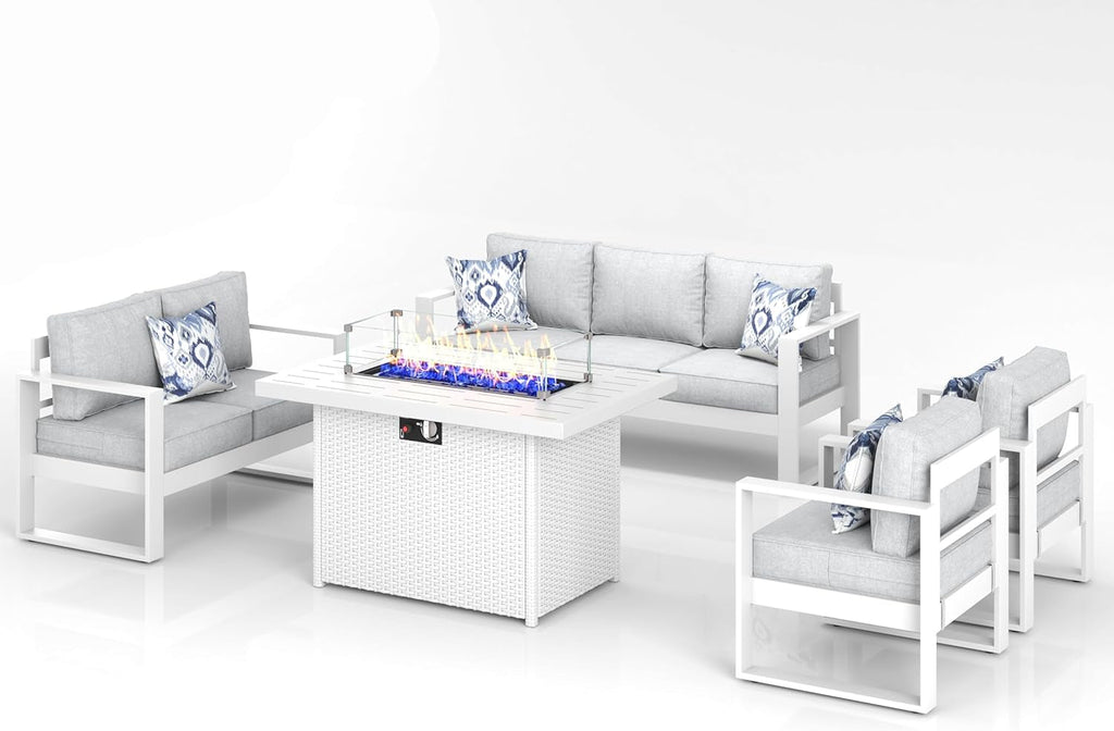 5 Piece Modern Aluminum Patio Set With Fire Pit Table
