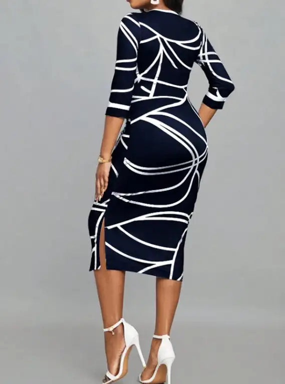 Ladies' Round Neck Printed Casual Bag Hip Dress - SJB-DIAMOND ELITES