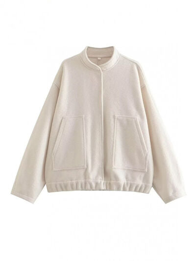 Autumn Casual Full Size Drop Shoulder Snap Down Jacket with Buttoned Front and Pockets Stevvex