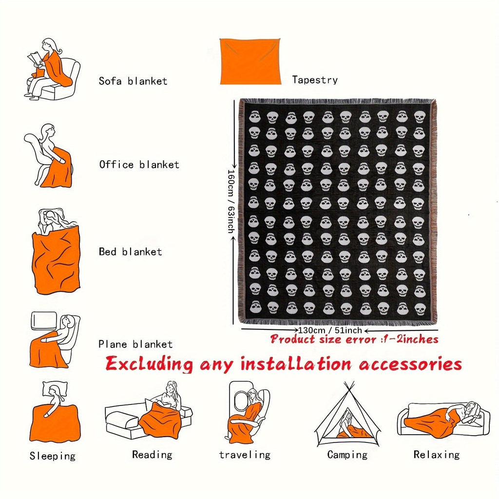 Bohemian Knitted Halloween White Skull Head Printed Tassel Blanket, Suitable For Camping, Casual Picnic Lootquake LLC