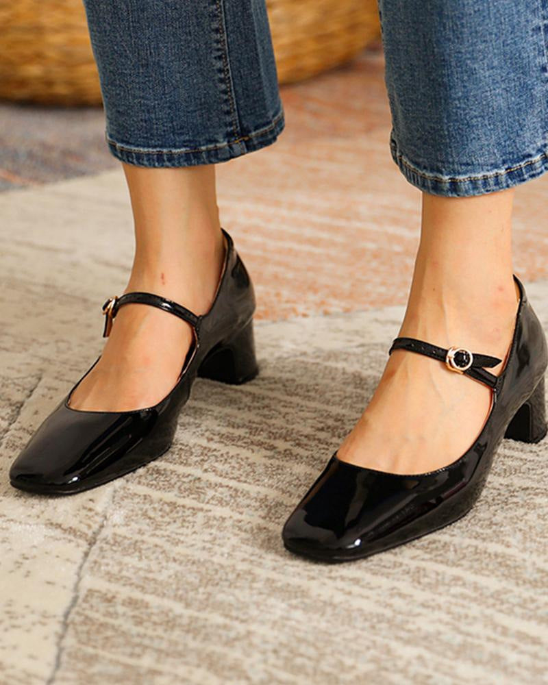 Burgundy bright leather strap square toe shoes for women Pi-Mart