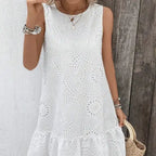 Ladies' Solid Color Vacation Style Hollow Flower Pattern Details Round Neck Off Shoulder Wide Shoulder Strap Mushroom Edge Hanging Pleat Elegant Style Dress - SJB-DIAMOND ELITES