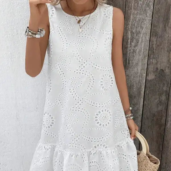 Ladies' Solid Color Vacation Style Hollow Flower Pattern Details Round Neck Off Shoulder Wide Shoulder Strap Mushroom Edge Hanging Pleat Elegant Style Dress - SJB-DIAMOND ELITES