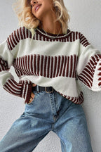 Brown Two Tone Striped Patchwork Drop Shoulder Sweater